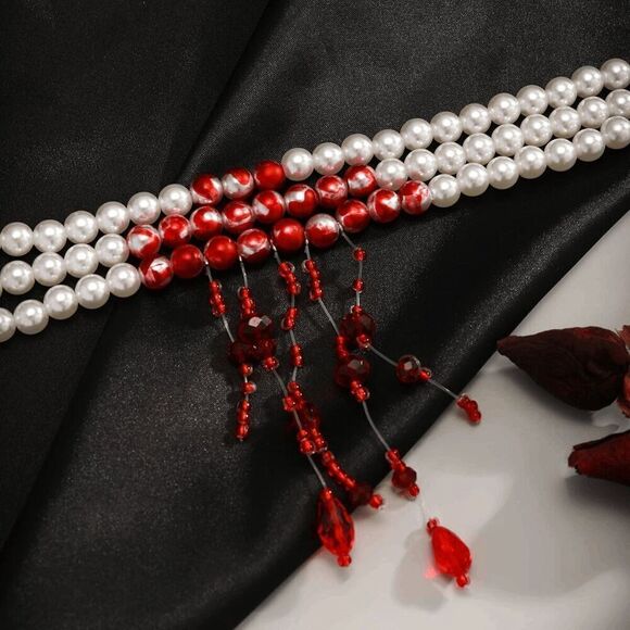 🩸 Goth Vampire Halloween Costume Dripping Blood Pearl Choker Necklace NEW - Picture 5 of 11